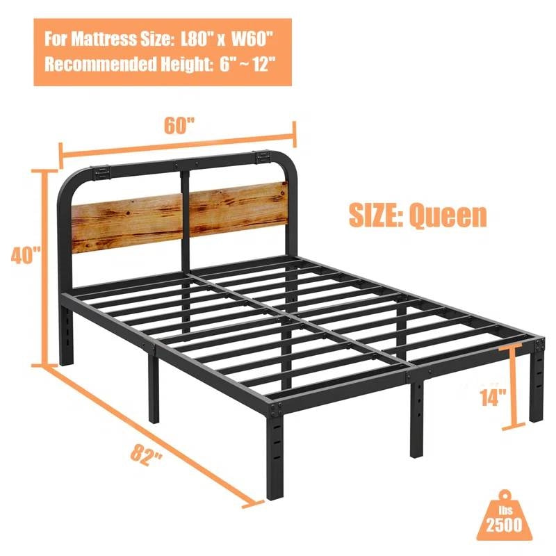 Queen Black Metal Bed Frame with Solid Wood Panel Headboard, heavy-duty black metal platform bed on Tampa Home & Garden Store
