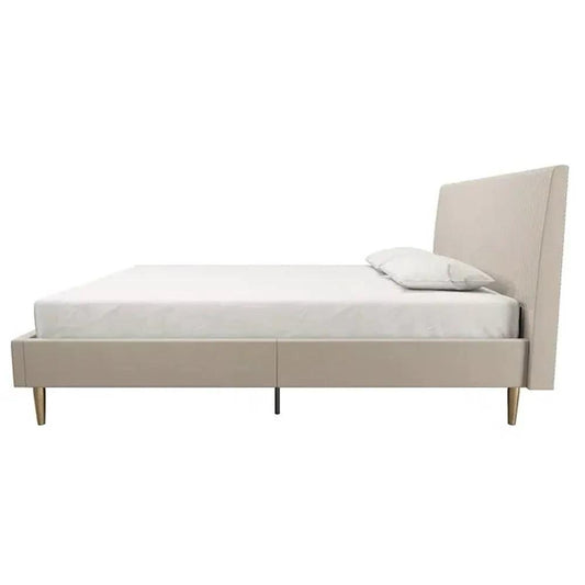 Queen velvet platform bed with ivory upholstered headboard by HomePacific, mid-century style on Tampa Home & Garden Store