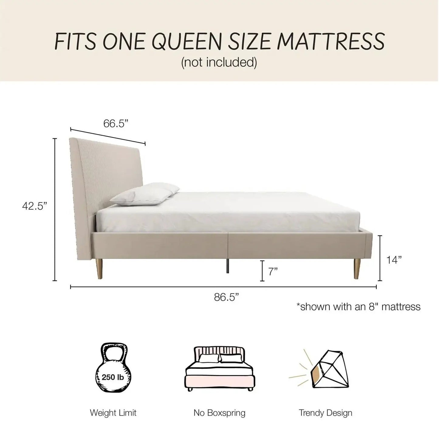 Queen ivory velvet platform bed with tall upholstered headboard HomePacific on Tampa Home & Garden Store