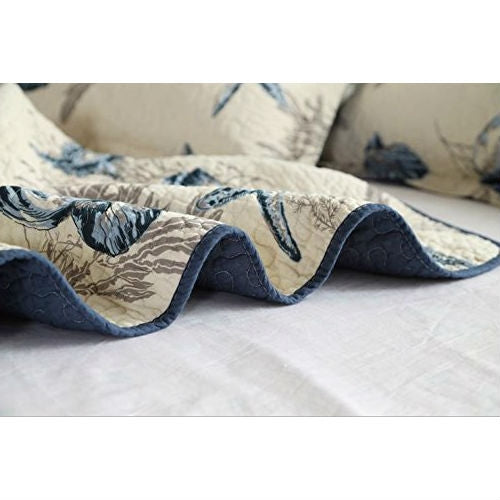 Queen size 100-Percent Cotton 3-Piece Bedspread Quilt Set Ocean Beach Sea Shells Marine Starfish - Tampa Home & Garden Store