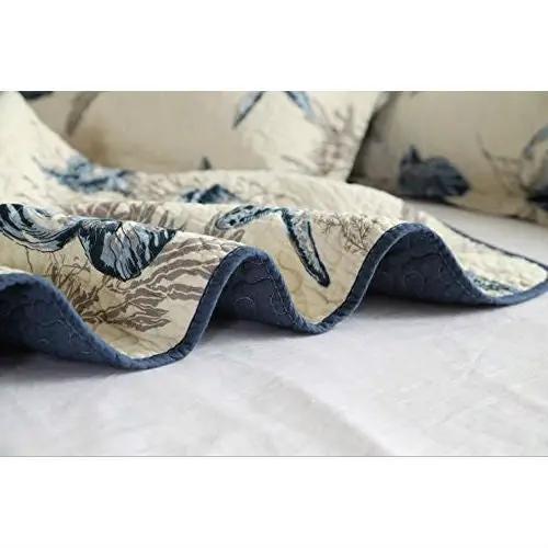 Coastal Queen Quilt Set Sea Shells beige navy, quilted shell motif, 3-piece bedspread set on Tampa Home & Garden Store