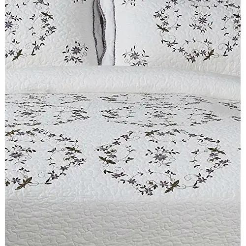 Queen size cotton bedspread with scalloped edges and floral embroidery on white fabric on Tampa Home & Garden Store