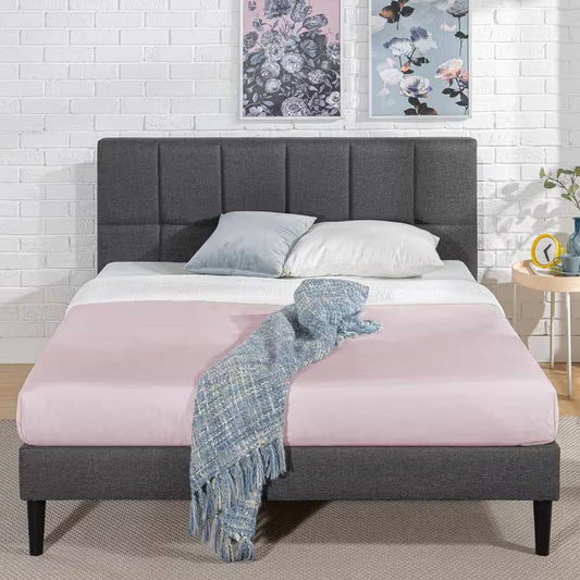 Queen size Grey Upholstered Platform Bed Frame with Padded Headboard - Tampa Home & Garden Store