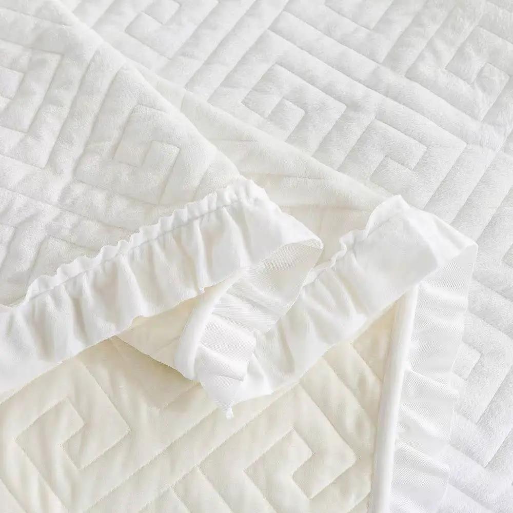Queen Ivory White Velvet Quilt Set reversible with geometric quilting on white velvet on Tampa Home & Garden Store