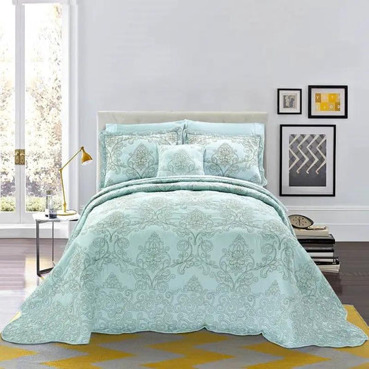 Queen size light blue damask bedspread set with 4 pieces and matching shams and pillows HomePacific on Tampa Home & Garden Store