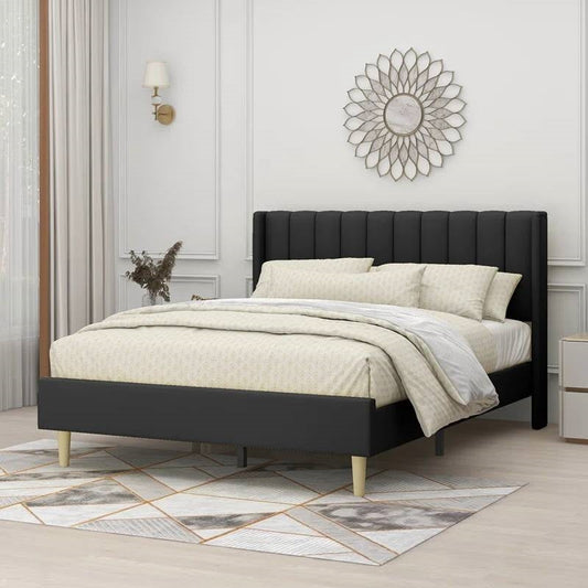 Queen size Mid-Century Black Linen Platform Bed Frame with Upholstered Headboard - Tampa Home & Garden Store