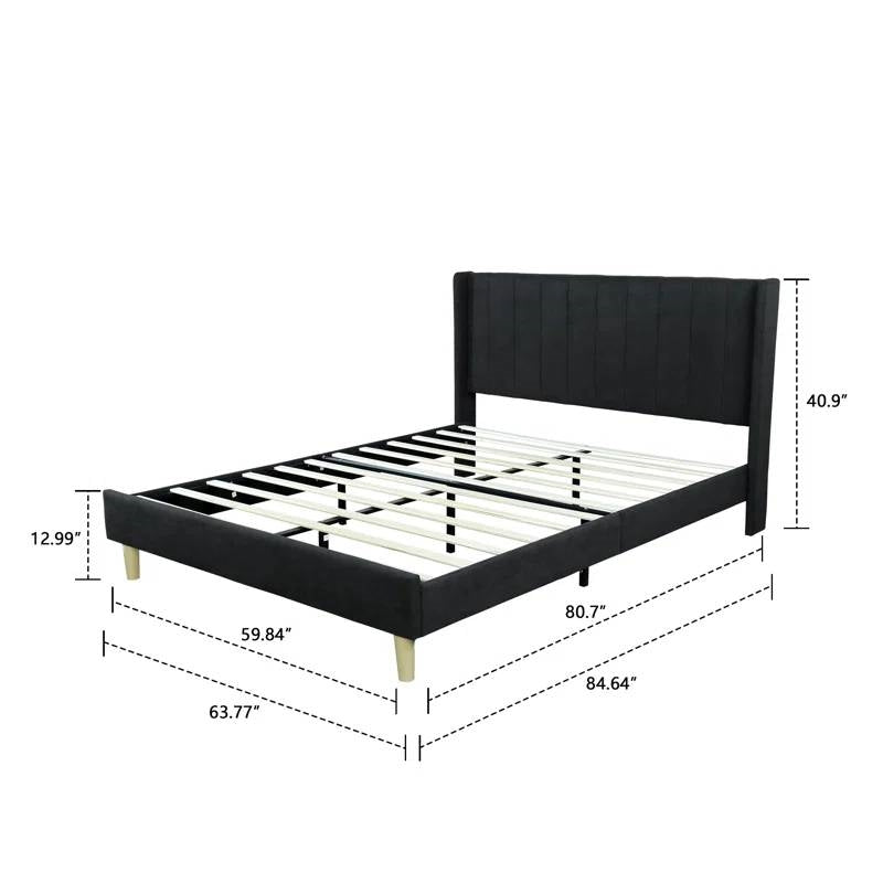 Queen size Mid-Century Black Linen Platform Bed Frame with Upholstered Headboard - Tampa Home & Garden Store