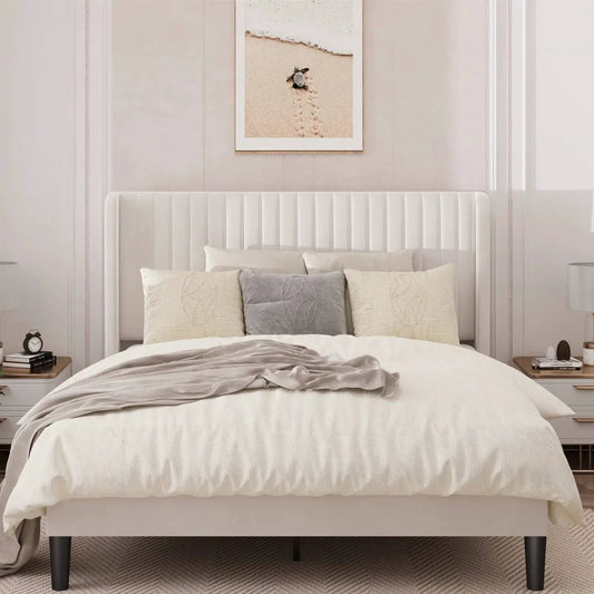 Queen velvet platform bed with wingback headboard in white upholstery on Tampa Home & Garden Store
