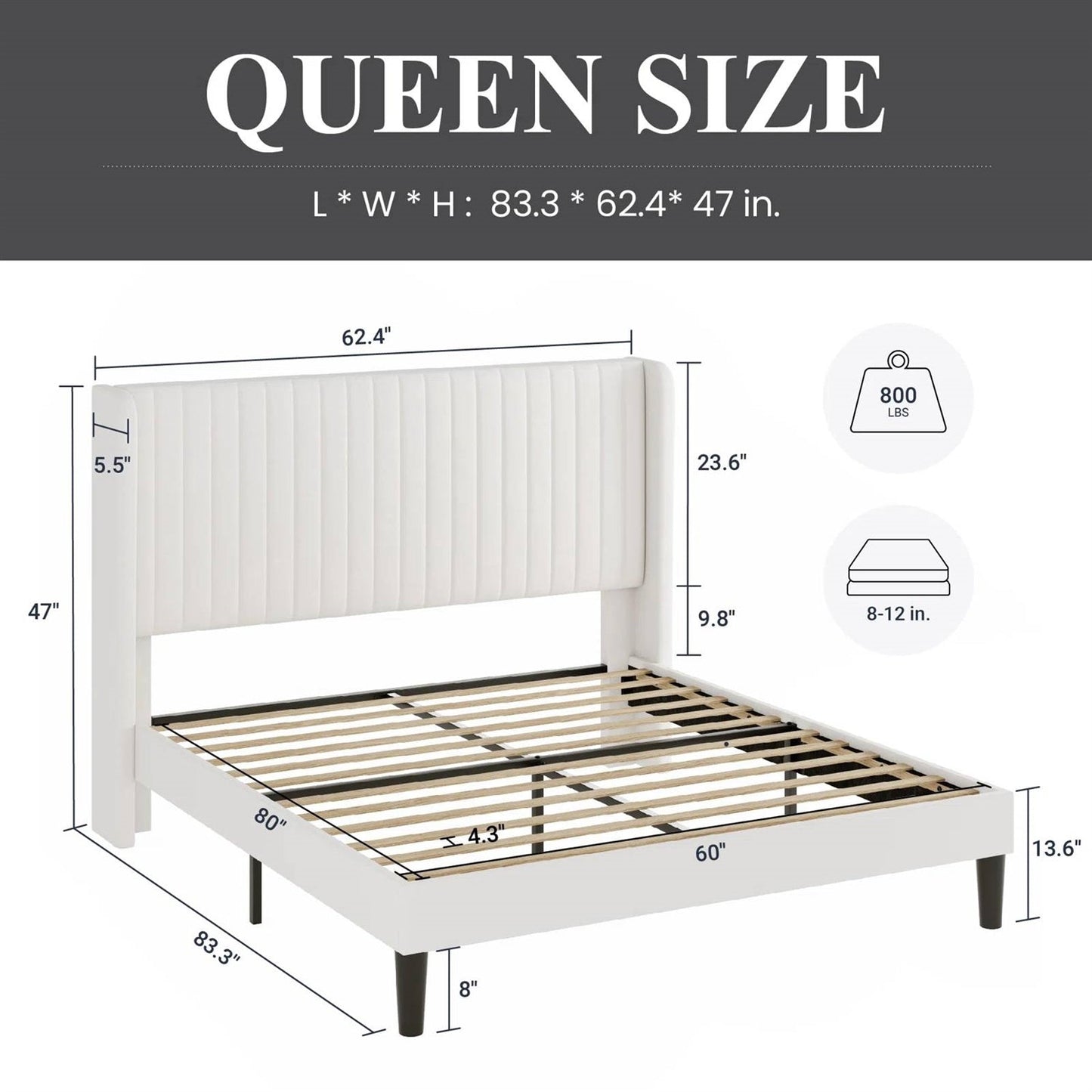 Queen size White Velvet Upholstered Platform Bed Frame with Wingback Headboard - Tampa Home & Garden Store