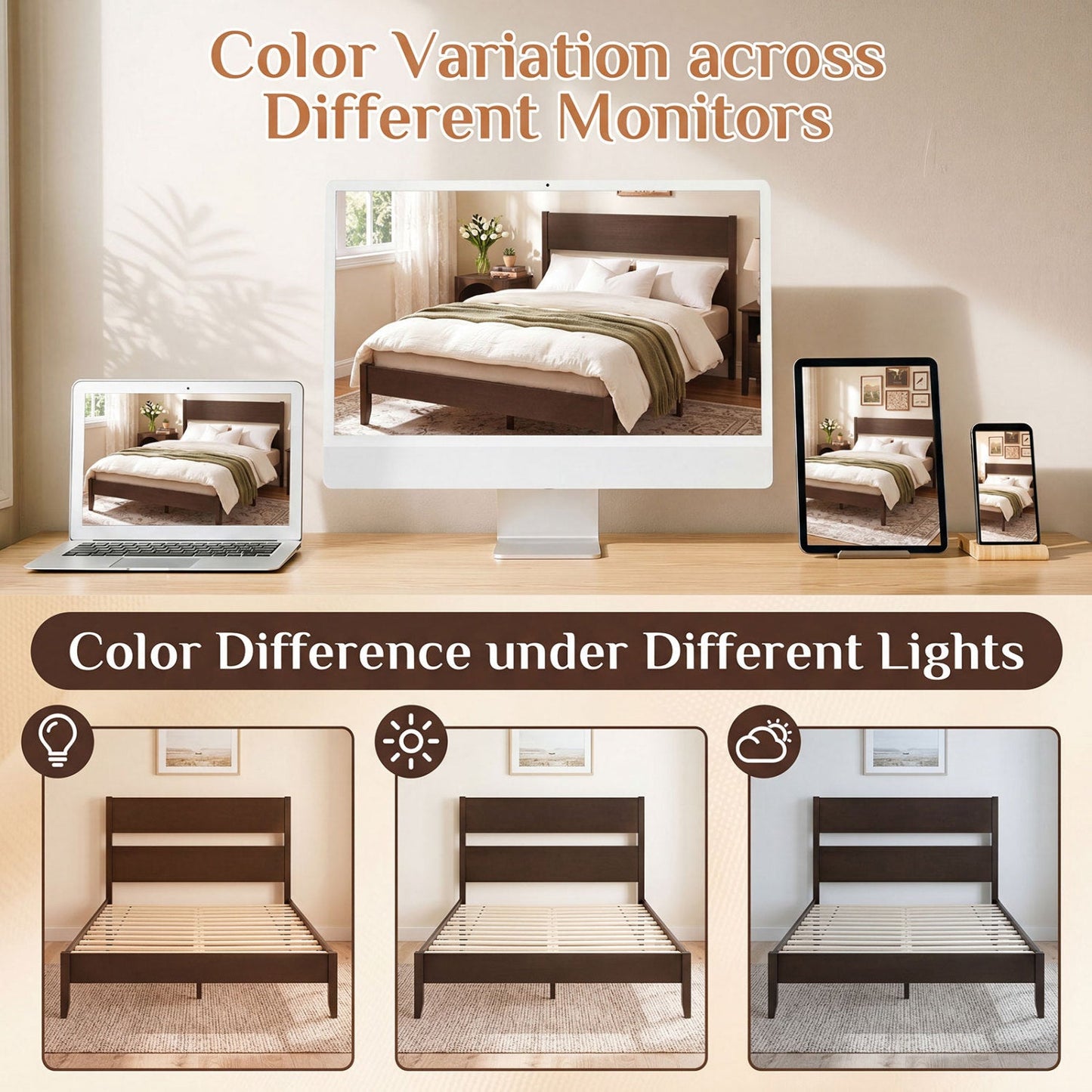 Queen Bed Frame with Headboard and Solid Wood Legs by DirectDeals, dark brown wood finish on Tampa Home & Garden Store
