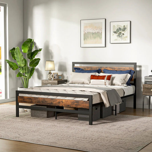 DirectDeals industrial bed frame with rustic wood headboard and black metal frame queen size on Tampa Home & Garden Store