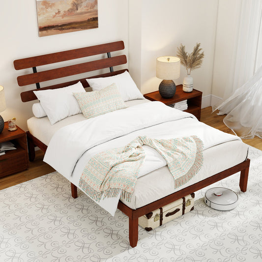 Full Size Bed Frame 15.5 Inch Solid Wood Platform Bed with Retro Headboard - Tampa Home & Garden Store