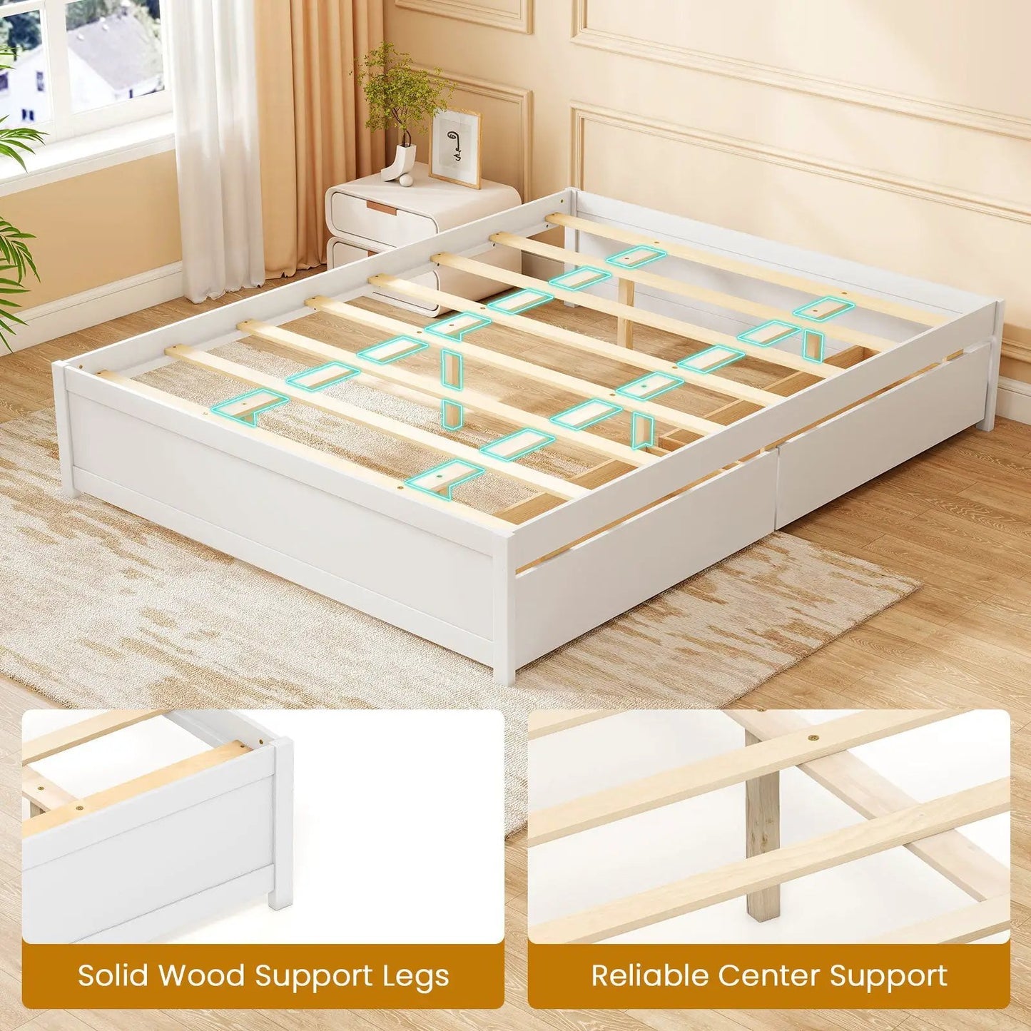 Queen size white wood bed frame with slatted platform and center supports on Tampa Home & Garden Store