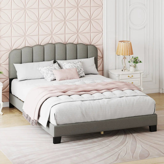 Queen size grey upholstered bed frame with scalloped panel headboard and low platform base on Tampa Home & Garden Store