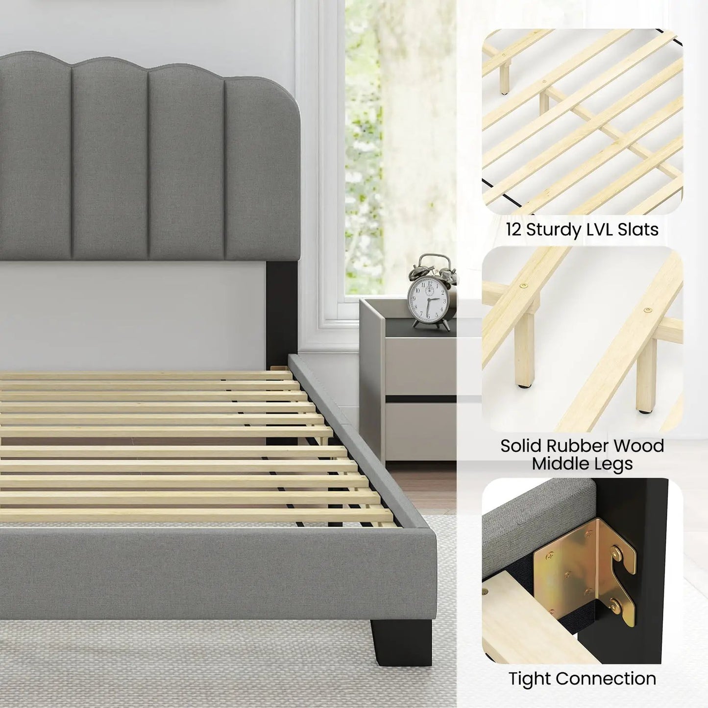 Queen size bed frame with gray upholstered headboard, 12 LVL slats, solid rubber wood legs on Tampa Home & Garden Store