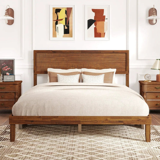Queen size wooden bed frame with headboard and slats in warm brown finish on Tampa Home & Garden Store