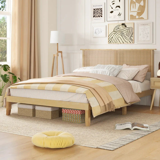 Queen size bed frame with natural rattan headboard and light wood frame on Tampa Home & Garden Store