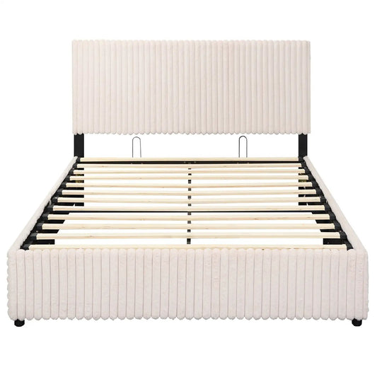 Queen Size Lift-Up Storage Bed with cream upholstery and wooden slat support DirectDeals on Tampa Home & Garden Store