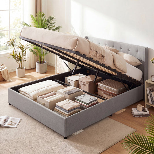 Queen Size Lift-up Storage Bed Modern Linen Upholstered Platform Bed - Tampa Home & Garden Store