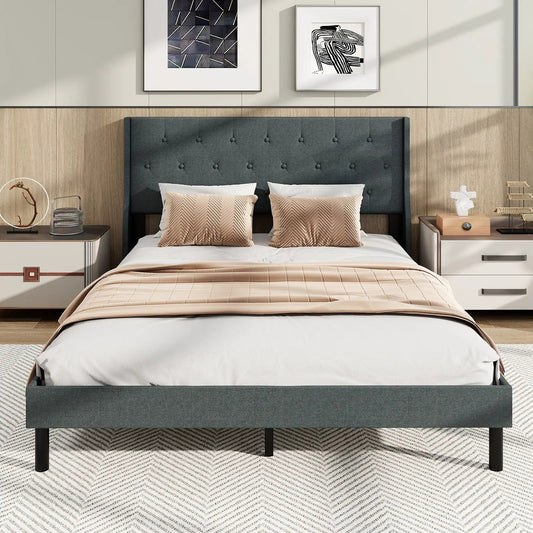 Queen bed frame with dark gray button tufted headboard, platform design on Tampa Home & Garden Store