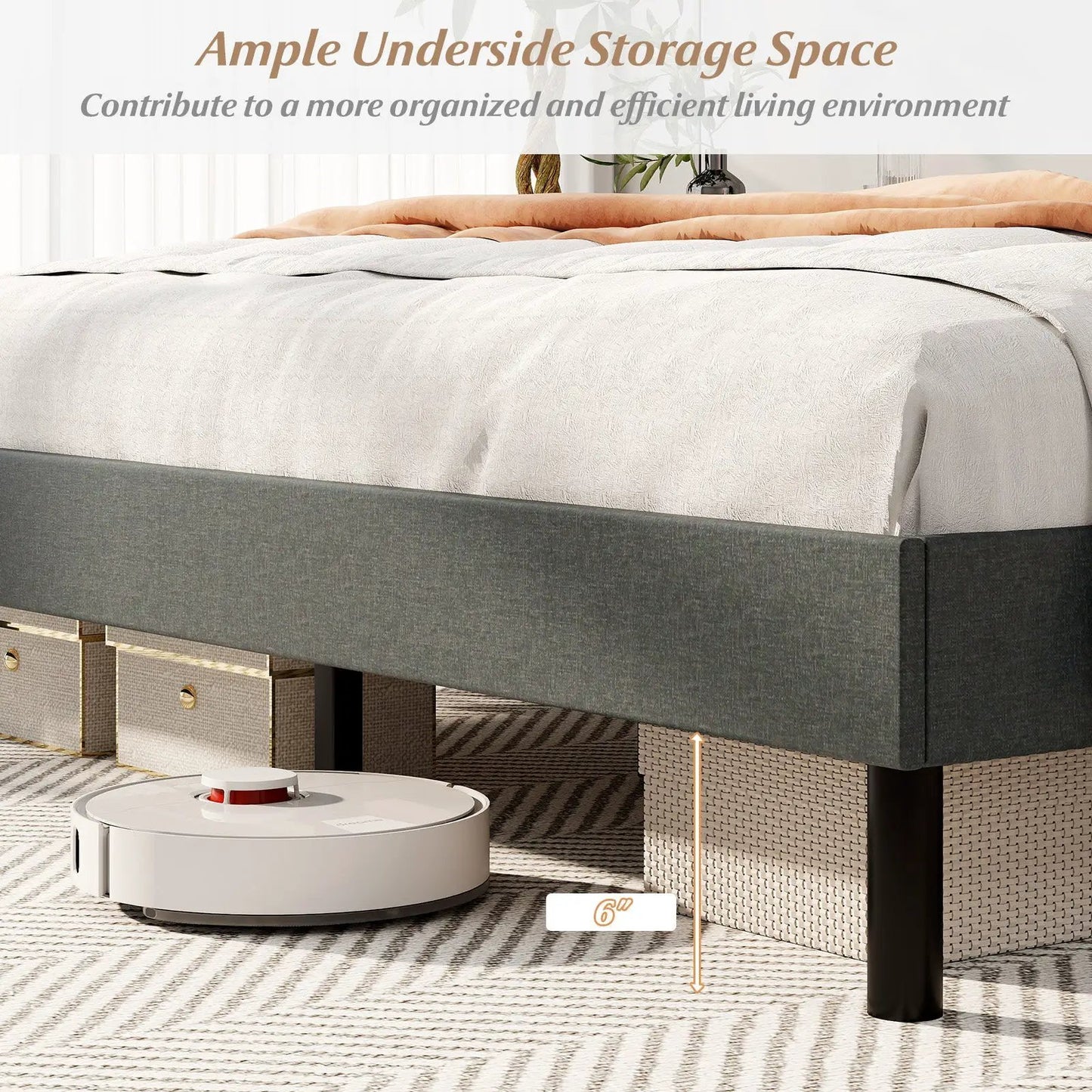 Queen Size upholstered bed frame in gray with button tufted headboard and underbed wicker storage on Tampa Home & Garden Store