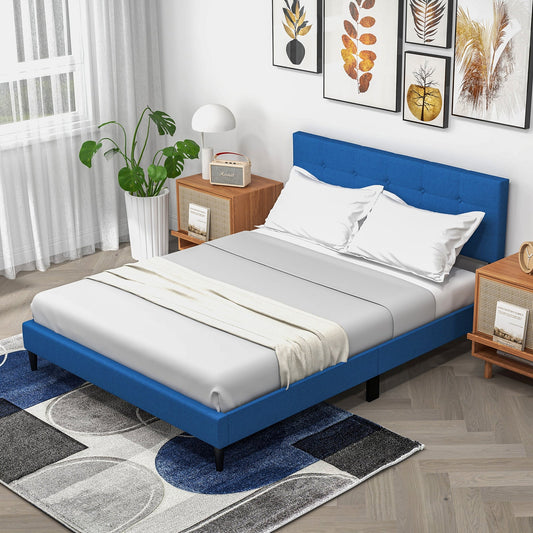 Queen Size Upholstered Platform Bed with Button Tufted Headboard-Blue - Tampa Home & Garden Store