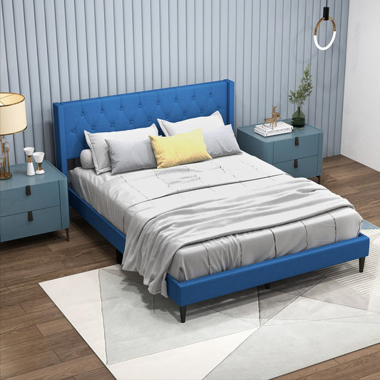 Queen Size Upholstered Platform Bed with Button Tufted Wingback Headboard-Blue - Tampa Home & Garden Store