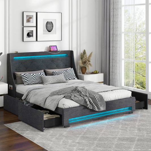 Queen Size Upholstered Platform Bed Frame with LED Lights and Charging Station-Grey - Tampa Home & Garden Store