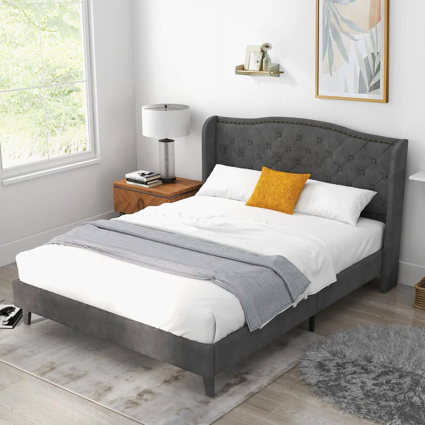 Full Queen Upholstered Bed with Tufted Headboard in gray fabric, nailhead trim, white bedding on Tampa Home & Garden Store