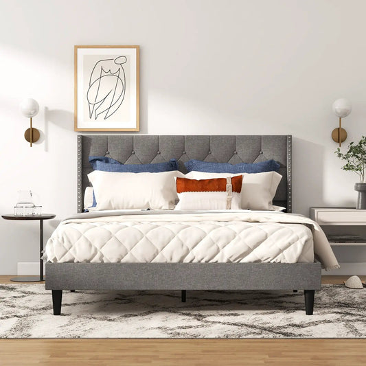 Full/Queen upholstered bed with button tufted headboard in gray fabric on Tampa Home & Garden Store