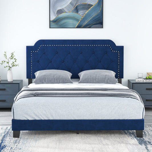 Queen Size Velvet Platform Bed with Button Tufted and Nailhead Trim Headboard-Queen Size - Tampa Home & Garden Store