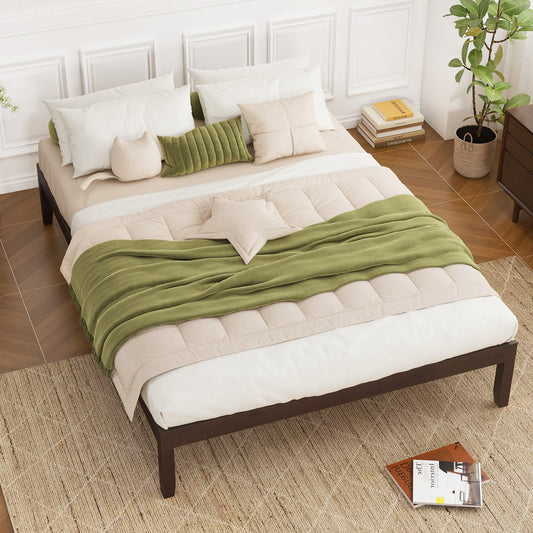 Queen Size Wood Bed Frame with Wooden Slats Support and Rubber Wood Legs-Espresso - Tampa Home & Garden Store