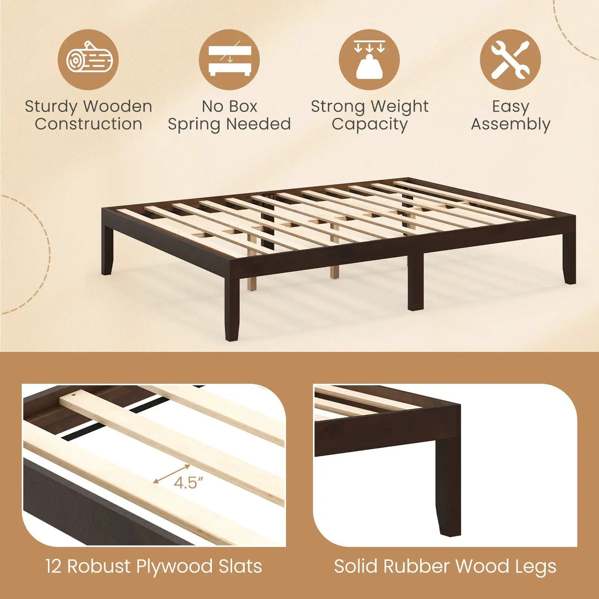 Queen Size Wood Bed Frame with Slats and Rubber Wood Legs, Espresso finish by DirectDeals on Tampa Home & Garden Store