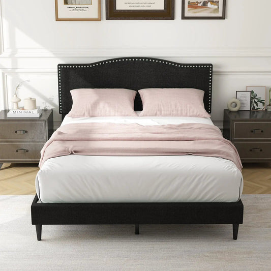 Queen Upholstered Bed with Nailhead Headboard black fabric curved headboard platform bed frame on Tampa Home & Garden Store