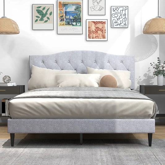 Queen upholstered platform bed with button-tufted headboard in light gray fabric on Tampa Home & Garden Store