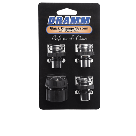 Dramm Aluminum Quick Disconnect Set with water stop; four silver hose fittings on Tampa Home & Garden Store