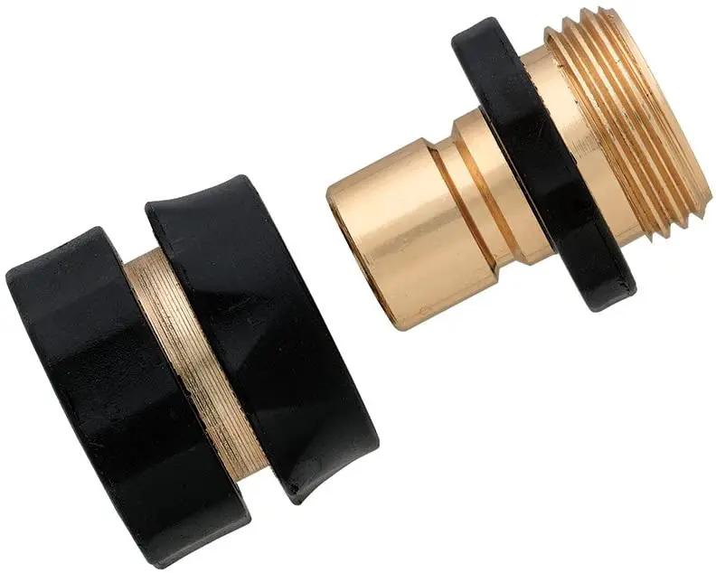 Brass quick-connect hose end set, two fittings with black collars on Tampa Home & Garden Store