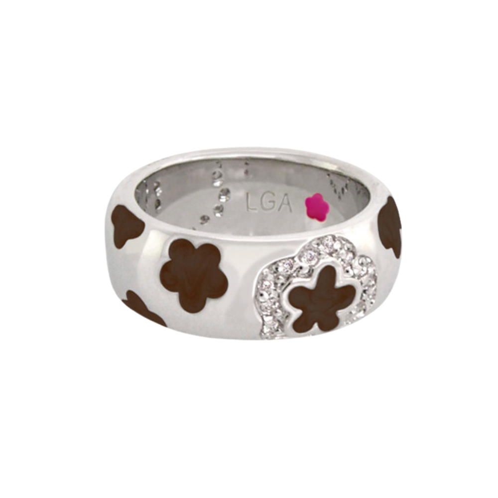 Daisy Love Stackable Ring in silver with dark clover cutouts and crystal heart motif on Tampa Home & Garden Store