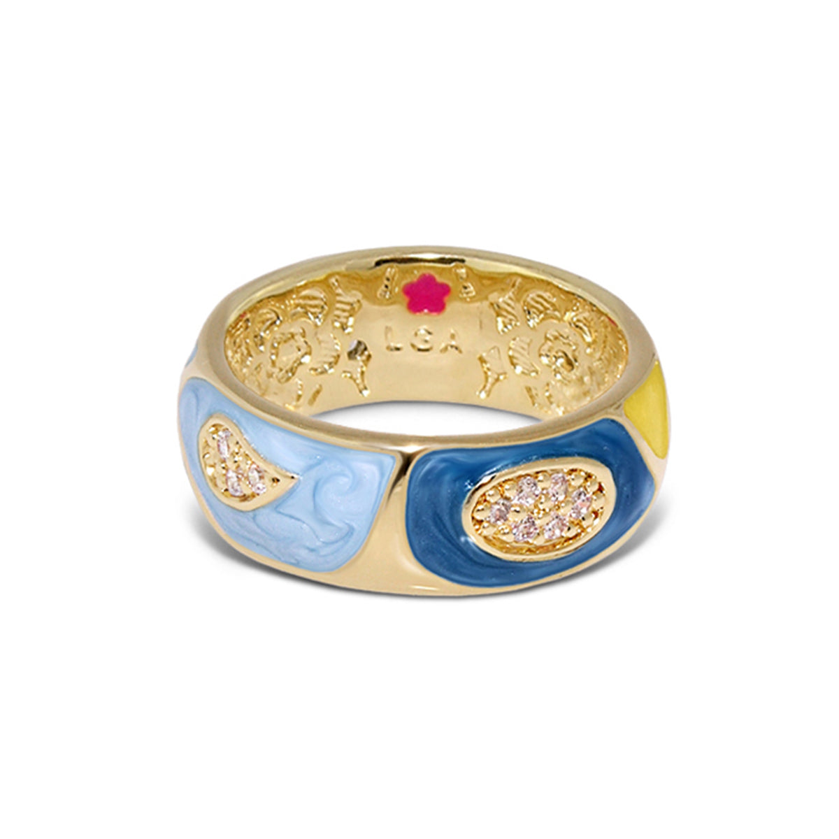 Band ring Butterfly World Pavé Leaf, gold-tone with blue enamel segments and pavé accents on Tampa Home & Garden Store