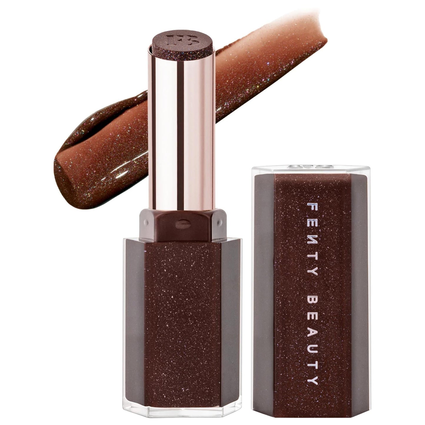 Fenty Beauty Gloss Bomb Stix lip gloss tube in glittery brown-pink shade with rose-gold cap on Tampa Home & Garden Store