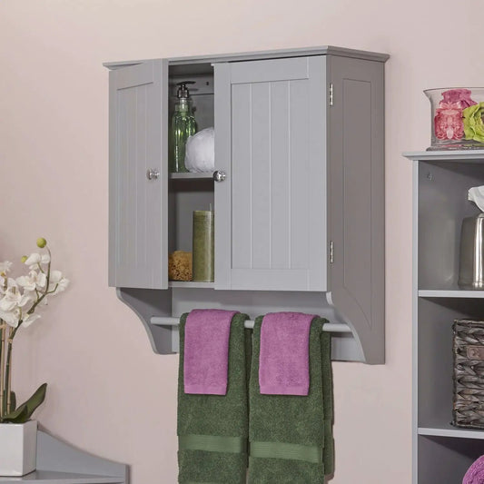 Gray 2-door bathroom wall cabinet with towel bar, beadboard doors, HomePacific, towels below on Tampa Home & Garden Store