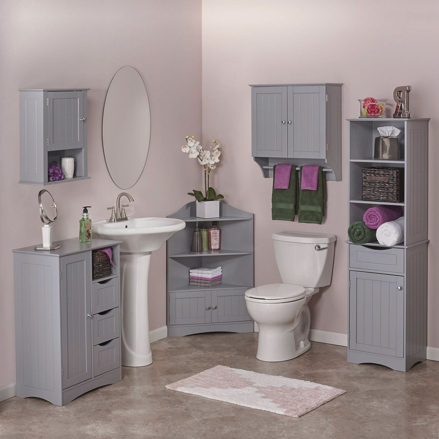 Armario de pared para baño gris de 2 puertas con toallero