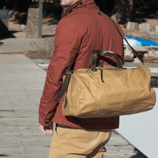 Rainline Canvas Duffle With Leather Trim by Will Leather Goods, tan canvas with leather straps on Tampa Home & Garden Store