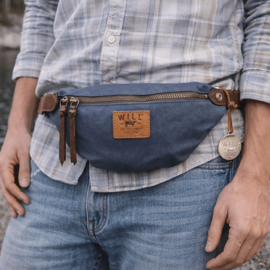 Rainline Canvas Belt Bag, Will Leather Goods, blue denim with leather trim, waist-worn fanny pack on Tampa Home & Garden Store