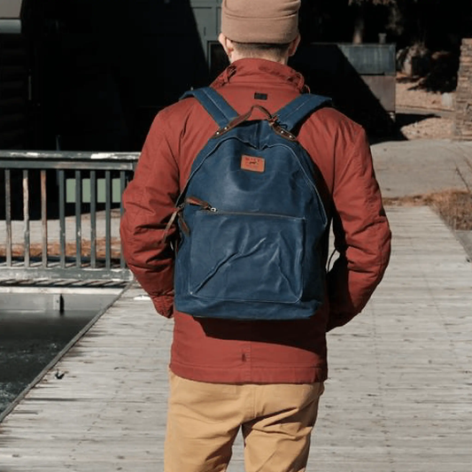 Rainline Canvas Daypack blue waxed canvas with brown leather trim by Will Leather Goods on Tampa Home & Garden Store