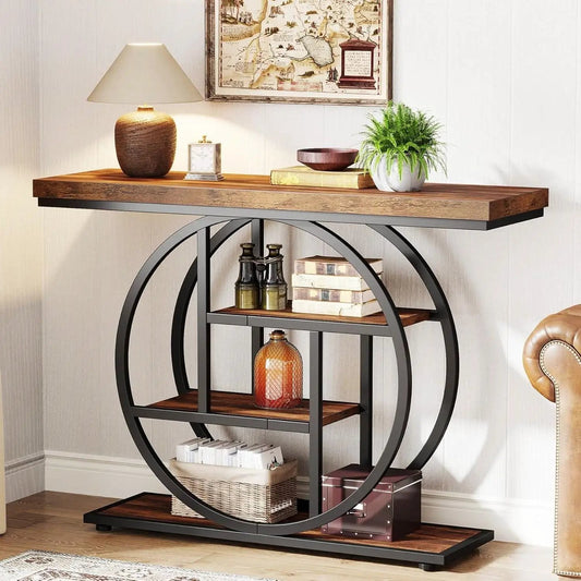 Modern Industrial 41-inch entryway console table with a wood top and circular metal legs on Tampa Home & Garden Store