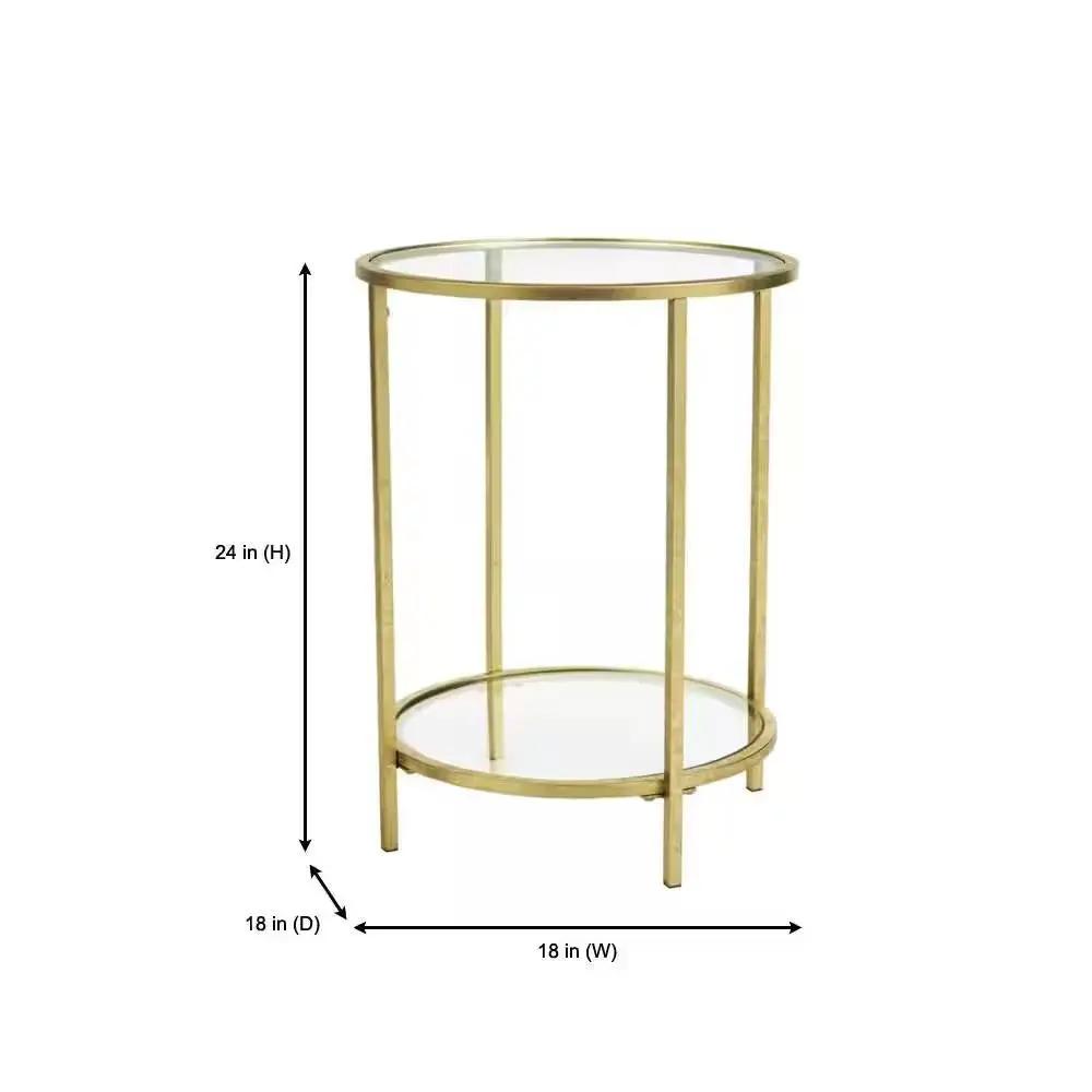 Round Accent Side Table Gold Metal Glass Top Bottom Shelf End Table - Tampa Home & Garden Store