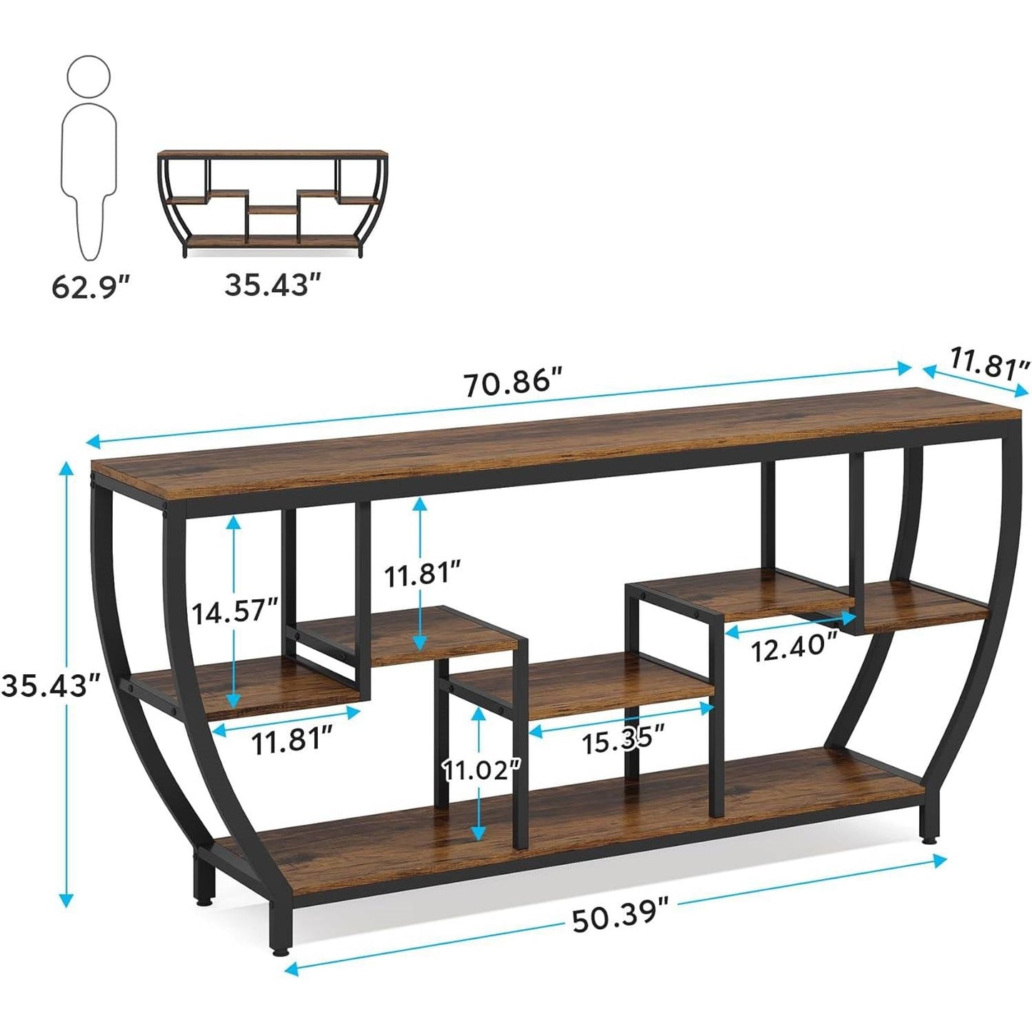 Mesa de sofá consola estrecha y larga de 70 pulgadas, estilo industrial moderno con estantes de madera marrón