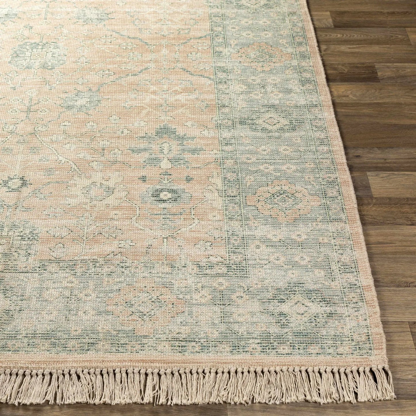 Robins Handwoven Cotton Blend Area Rug in peach and blue-gray with fringe Boutique Rugs on Tampa Home & Garden Store