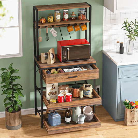 Modern Baker's Rack Shelving Unit with Pull-Out Shelves and Storage Drawer